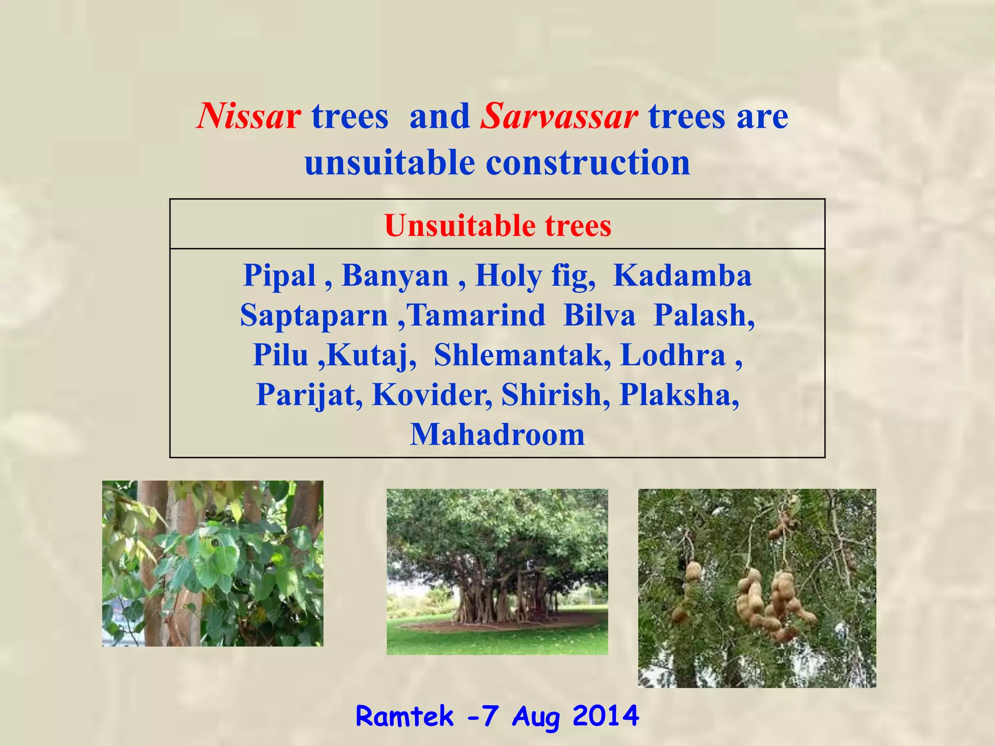 Unsuitable trees
Pipal , Banyan , Holy fig, Kadamba
Saptaparn ,Tamarind Bilva Palash,
Pilu ,Kutaj, Shlemantak, Lodhra ,
Parijat, Kovider, Shirish, Plaksha,
Mahadroom
Nissar trees and Sarvassar trees are
unsuitable construction
Ramtek -7 Aug 2014
 