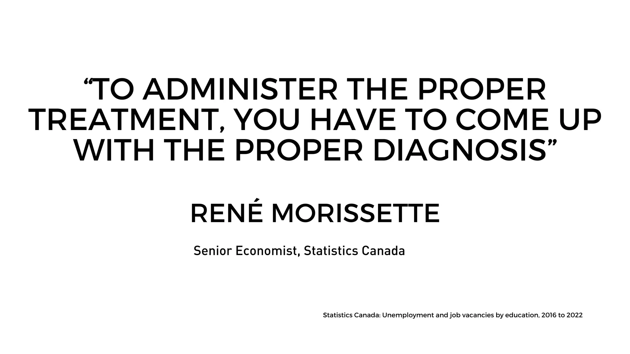 “TO ADMINISTER THE PROPER
TREATMENT, YOU HAVE TO COME UP
WITH THE PROPER DIAGNOSIS”
RENÉ MORISSETTE
Senior Economist, Statistics Canada
Statistics Canada: Unemployment and job vacancies by education, 2016 to 2022
 