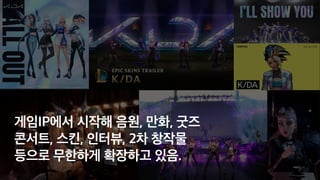 ㅌㅇㄹ
게임IP에서 시작해 음원, 만화, 굿즈
 
콘서트, 스킨, 인터뷰, 2차 창작물
 
등으로 무한하게 확장하고 있음.
 