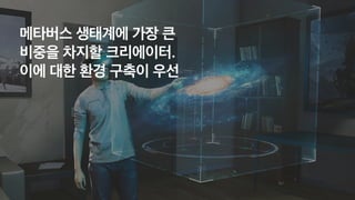 메타버스 생태계에 가장 큰
 
비중을 차지할 크리에이터.
 
이에 대한 환경 구축이 우선
 