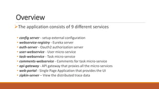 Overview
The application consists of 9 different services
• config server - setup external configuration
• webservice-registry - Eureka server
• auth-server - Oauth2 authorization server
• user-webservice - User micro-service
• task-webservice - Task micro-service
• comments-webservice - Comments for task micro-service
• api-gateway - API gateway that proxies all the micro-services
• web-portal - Single Page Application that provides the UI
• zipkin-server – View the distributed trace data
 