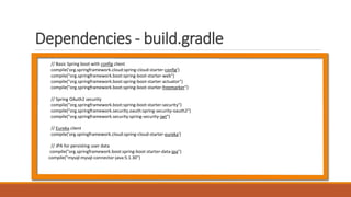 Dependencies - build.gradle
// Basic Spring boot with config client
compile('org.springframework.cloud:spring-cloud-starter-config')
compile("org.springframework.boot:spring-boot-starter-web")
compile("org.springframework.boot:spring-boot-starter-actuator")
compile("org.springframework.boot:spring-boot-starter-freemarker")
// Spring OAuth2 security
compile("org.springframework.boot:spring-boot-starter-security")
compile("org.springframework.security.oauth:spring-security-oauth2")
compile("org.springframework.security:spring-security-jwt")
// Eureka client
compile('org.springframework.cloud:spring-cloud-starter-eureka')
// JPA for persisting user data
compile("org.springframework.boot:spring-boot-starter-data-jpa")
compile("mysql:mysql-connector-java:5.1.30")
 
