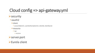 Cloud config => api-gateway.yml
security
• oauth2
 client
accessTokenUri, userAuthorizationUri, clientId, clientSecret
 resource
Jwt
 keyValue
server.port
Eurela client
 
