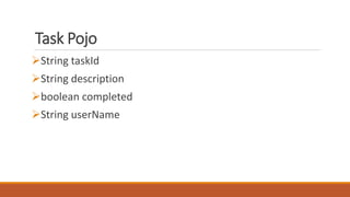 Task Pojo
String taskId
String description
boolean completed
String userName
 