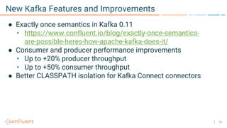26
New Kafka Features and Improvements
● Exactly once semantics in Kafka 0.11
• https://www.confluent.io/blog/exactly-once-semantics-
are-possible-heres-how-apache-kafka-does-it/
● Consumer and producer performance improvements
• Up to +20% producer throughput
• Up to +50% consumer throughput
● Better CLASSPATH isolation for Kafka Connect connectors
 