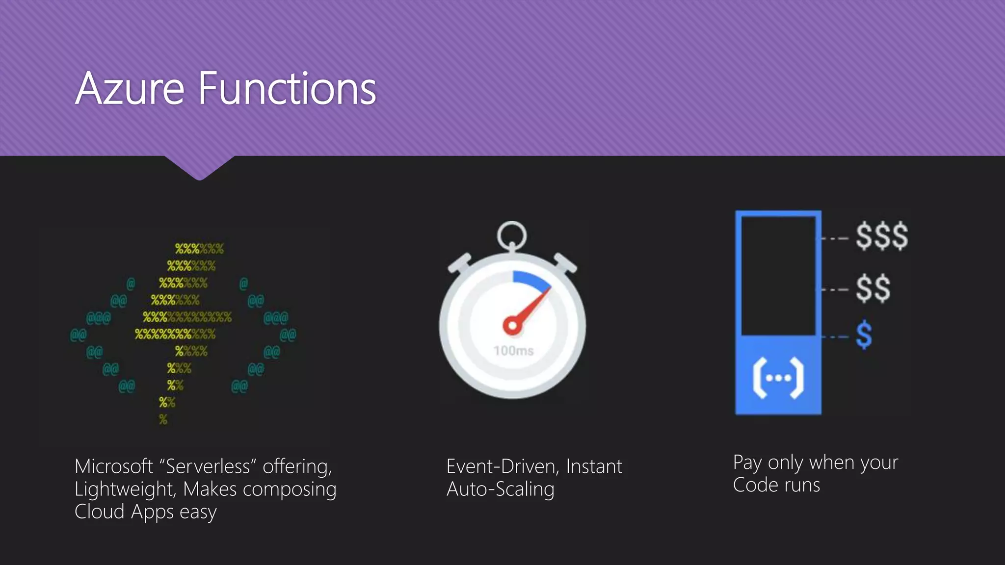 Azure Functions Microsoft “Serverless” offering, Lightweight, Makes composing Cloud Apps easy Event-Driven, Instant Auto-Scaling Pay only when your Code runs 