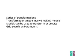 Series of transformations
Transformations might involve making models
Models can be used to transform or predict
Grid-search on Parameters
 