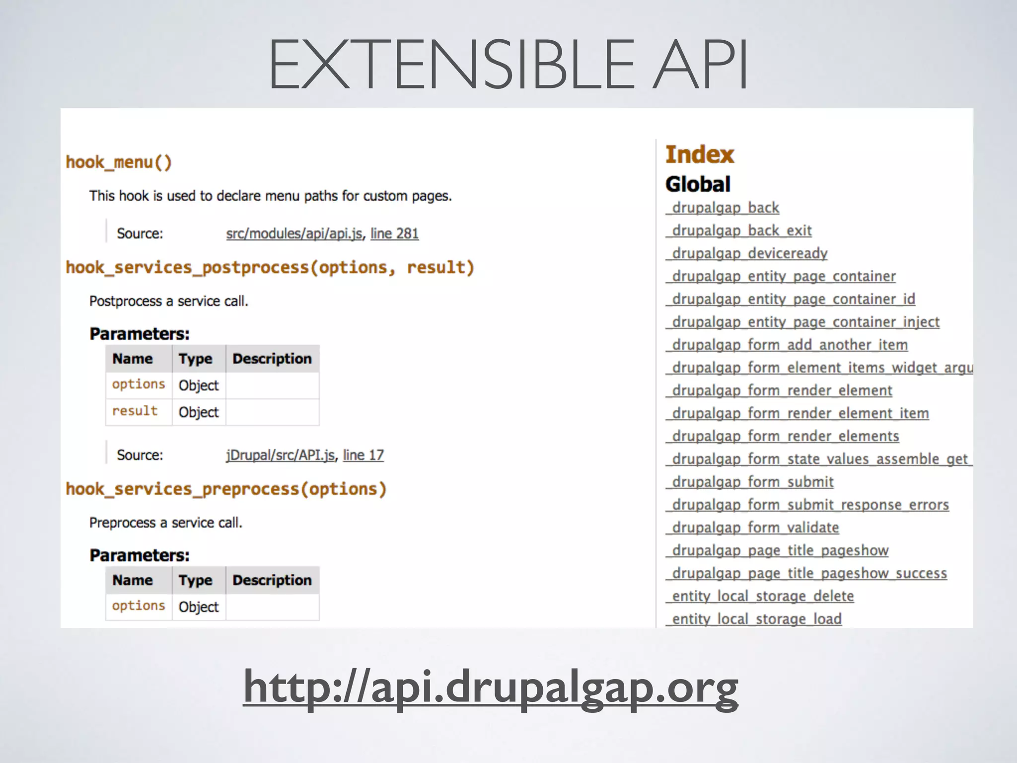 EXTENSIBLE API 
http://api.drupalgap.org 
 