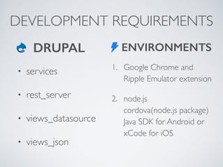 DEVELOPMENT REQUIREMENTS 
ENVIRONMENTS 
1. Google Chrome and 
Ripple Emulator extension 
2. node.js 
cordova(node.js package) 
Java SDK for Android or 
xCode for iOS 
DRUPAL 
• services 
• rest_server 
• views_datasource 
• views_json 
 
