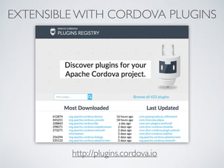 EXTENSIBLE WITH CORDOVA PLUGINS 
http://plugins.cordova.io 
 