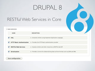 DRUPAL 8 
RESTful Web Services in Core 
 