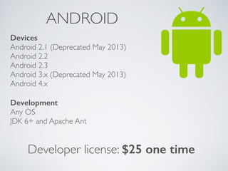 ANDROID 
Devices 
Android 2.1 (Deprecated May 2013) 
Android 2.2 
Android 2.3 
Android 3.x (Deprecated May 2013) 
Android 4.x 
Development 
Any OS 
JDK 6+ and Apache Ant 
Developer license: $25 one time 
 