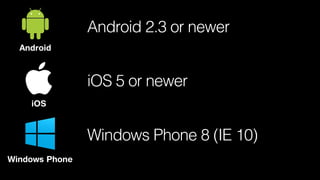 Android 2.3 or newer
Android

iOS 5 or newer
iOS

Windows Phone 8 (IE 10)
Windows Phone

 