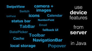camera +
images
Switch
Calendar
icons

SwipeView
UrlField

status bar

TabBar
DatePicker

NumberField

Email

fallback UI

Toolbar
Cache
NavigationBar
local storage
Popover

use

device

features
from

server
in Java

 