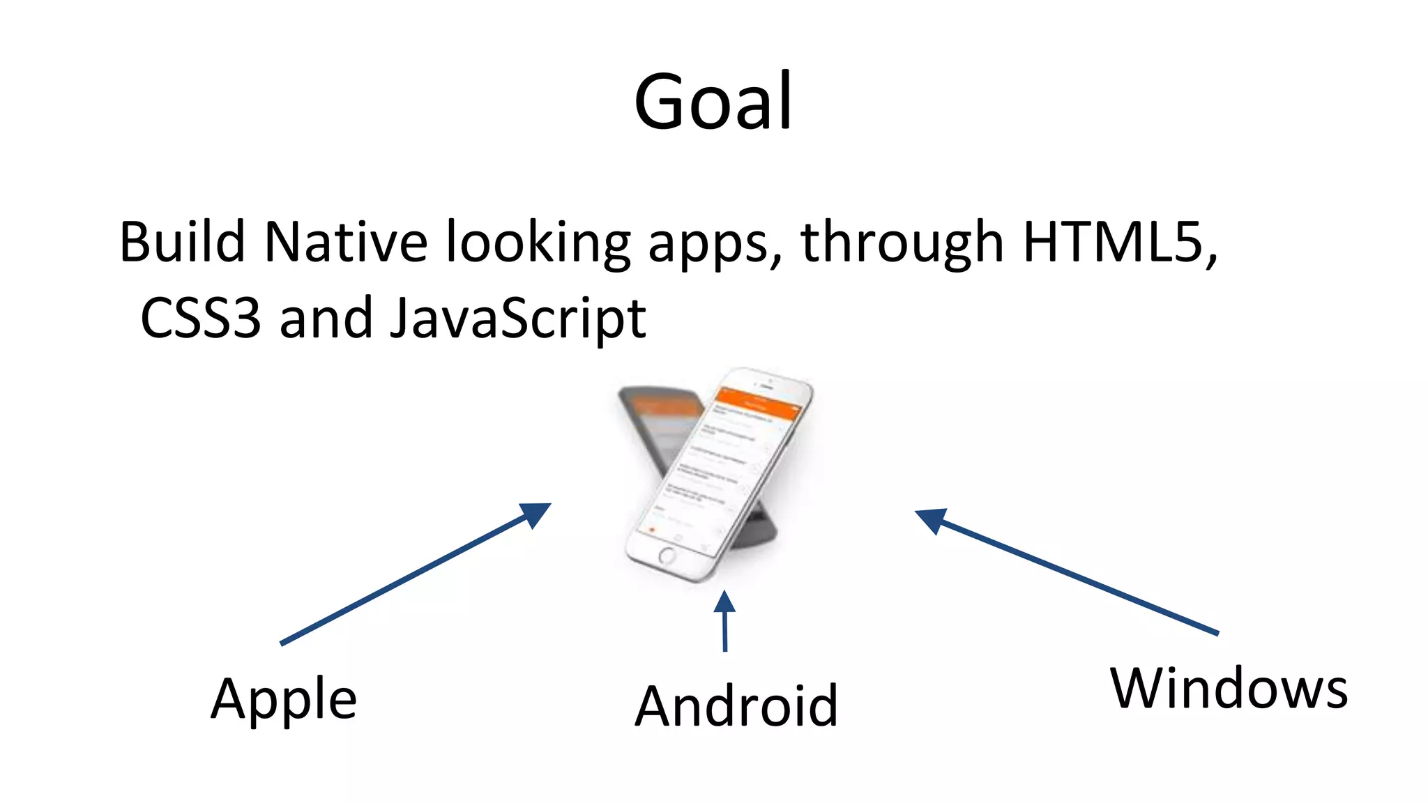 Goal
Build Native looking apps, through HTML5,
CSS3 and JavaScript
Apple Android Windows
 