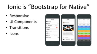 Ionic is “Bootstrap for Native”
• Responsive
• UI Components
• Transitions
• Icons
 