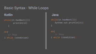 Kotlin Java
Basic Syntax - While Loops
while(it.hasNext()){
println(it)
}
do{
// This
} while (condition)
while(it.hasNext()){
System.out.println(it);
}
do{
// This
} while (condition);
 