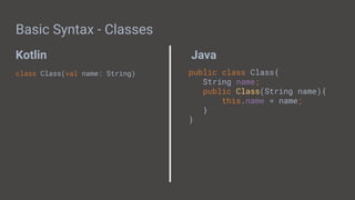 Kotlin Java
Basic Syntax - Classes
class Class(val name: String) public class Class{
String name;
public Class(String name){
this.name = name;
}
}
 
