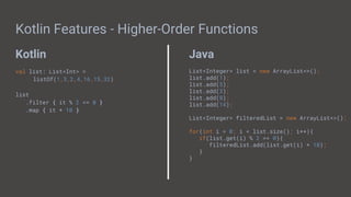 Kotlin Java
Kotlin Features - Higher-Order Functions
val list: List<Int> =
listOf(1,3,2,4,16,15,32)
list
.filter { it % 2 == 0 }
.map { it * 10 }
List<Integer> list = new ArrayList<>();
list.add(1);
list.add(5);
list.add(3);
list.add(8);
list.add(14);
List<Integer> filteredList = new ArrayList<>();
for(int i = 0; i < list.size(); i++){
if(list.get(i) % 2 == 0){
filteredList.add(list.get(i) * 10);
}
}
 