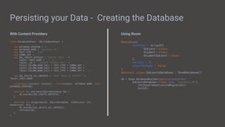 Persisting your Data - Creating the Database
With Content Providers
class DatabaseHelper: SQLiteOpenHelper {
val DATABASE_VERSION = 1;
val DATABASE_NAME = "database.db";
val TEXT_TYPE = " TEXT";
val COMMA_SEP = ",";
val SQL_CREATE_ENTRIES = "CREATE TABLE " +
Table1.TABLE_NAME + " (" +
Table1._ID + " INTEGER PRIMARY KEY," +
Table1.COLUMN_NAME_COL1 + TEXT_TYPE + COMMA_SEP +
Table1.COLUMN_NAME_COL2 + TEXT_TYPE + COMMA_SEP +
Table1.COLUMN_NAME_COL3 + TEXT_TYPE + COMMA_SEP + " )";
val SQL_DELETE_ALL_ENTRIES = "DROP TABLE IF EXISTS " +
Table1.TABLE_NAME;
constructor(context: Context) : this(context, DATABASE_NAME, null,
DATABASE_VERSION)
override fun onCreate(SQLiteDatabase db) {
db.execSQL(SQL_CREATE_ENTRIES);
}
override fun onUpgrade(db: SQLiteDatabase, oldVersion: Int,
newVersion: Int) {
db.execSQL(SQL_DELETE_ALL_ENTRIES);
onCreate(db);
}
}
Using Room
@Database(
entities = arrayOf(
Subject::class,
Student::class,
StudentSubject::class
),
version = 3,
exportSchema = false
)
abstract class SubjectsDatabase : RoomDatabase()
db = Room.databaseBuilder(applicationContext,
SubjectsDatabase::class.java, "subjects_db")
.fallbackToDestructiveMigration()
.build()
 