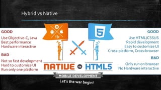 Hybrid vs Native 
BAD 
Only run on browser 
No Hardware interactive 
GOOD 
Use Objective-C, Java 
Best performance 
Hardware interactive 
GOOD 
Use HTML/CSS/JS 
Rapid development 
Easy to customize UI 
Cross-platform, Cross-browser 
BAD 
Not so fast development 
Hard to customize UI 
Run only one platform 
 