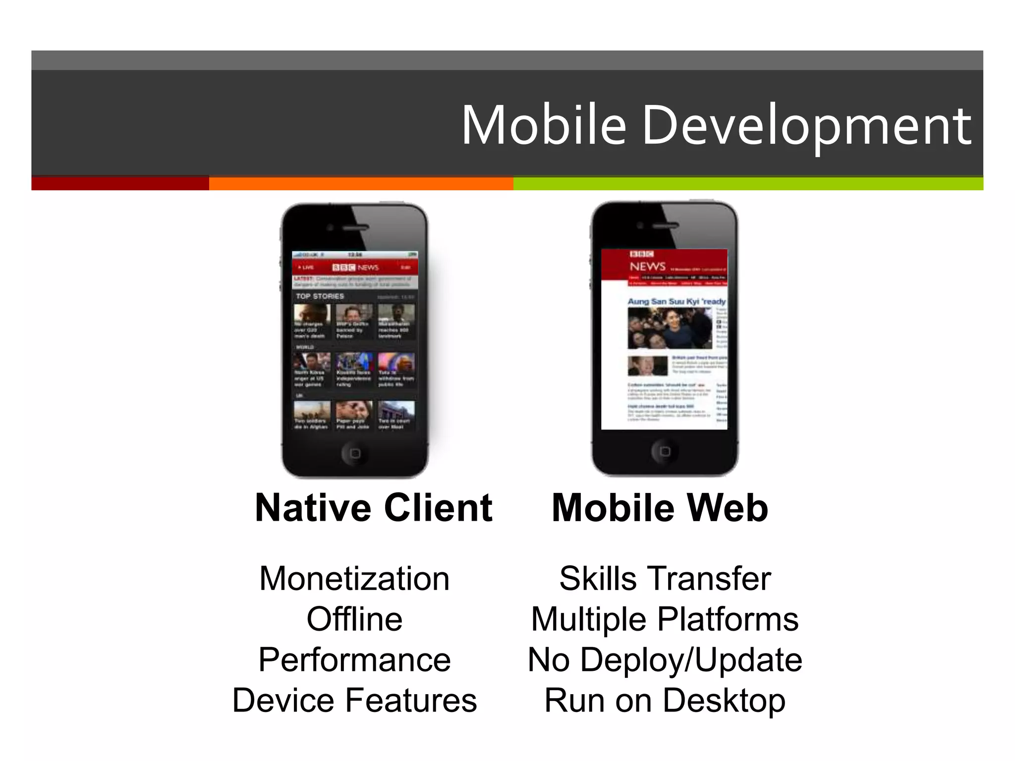 Mobile Development




 Native Client     Mobile Web
 Monetization       Skills Transfer
    Offline       Multiple Platforms
 Performance      No Deploy/Update
Device Features    Run on Desktop
 