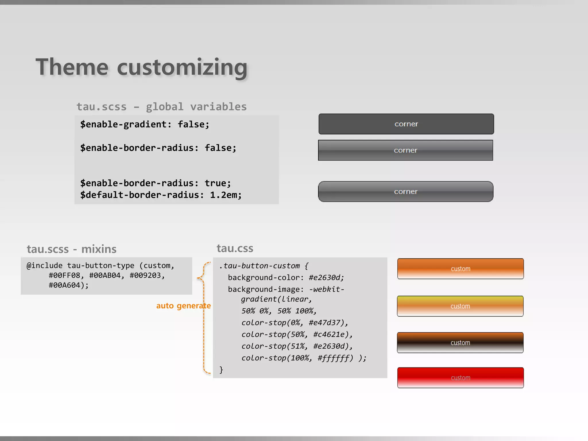 Theme customizing
           tau.scss – global variables
           $enable-gradient: false;

           $enable-border-radius: false;


           $enable-border-radius: true;
           $default-border-radius: 1.2em;




tau.scss - mixins                        tau.css
@include tau-button-type (custom,         .tau-button-custom {
     #00FF08, #00AB04, #009203,             background-color: #e2630d;
     #00A604);
                                            background-image: -webkit-
                                               gradient(linear,
                            auto generate
                                               50% 0%, 50% 100%,
                                               color-stop(0%, #e47d37),
                                               color-stop(50%, #c4621e),
                                               color-stop(51%, #e2630d),
                                               color-stop(100%, #ffffff) );
                                          }
 