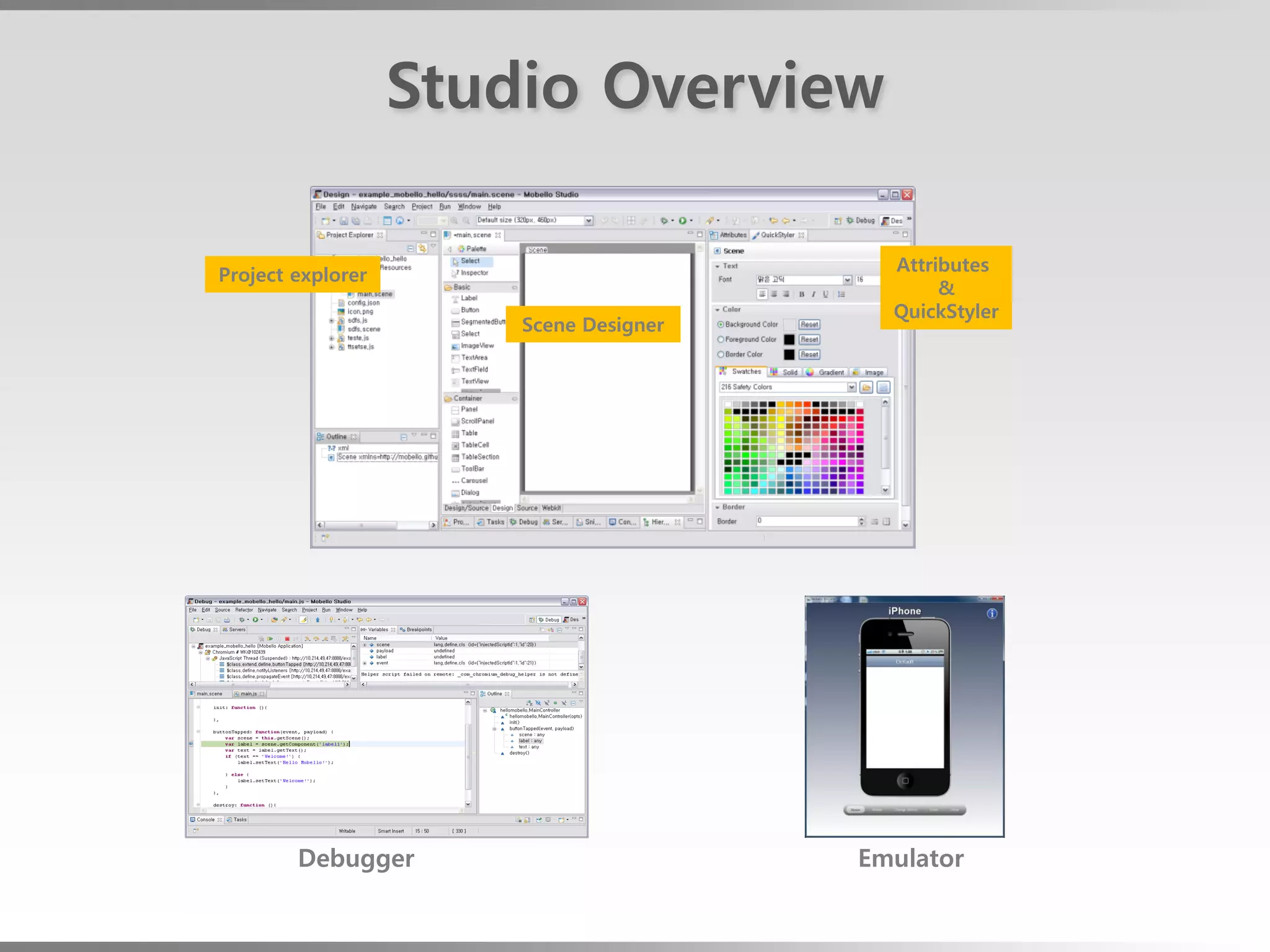 Studio Overview

                                          Attributes
Project explorer
                                               &
                                          QuickStyler
                       Scene Designer




        Debugger                        Emulator
 