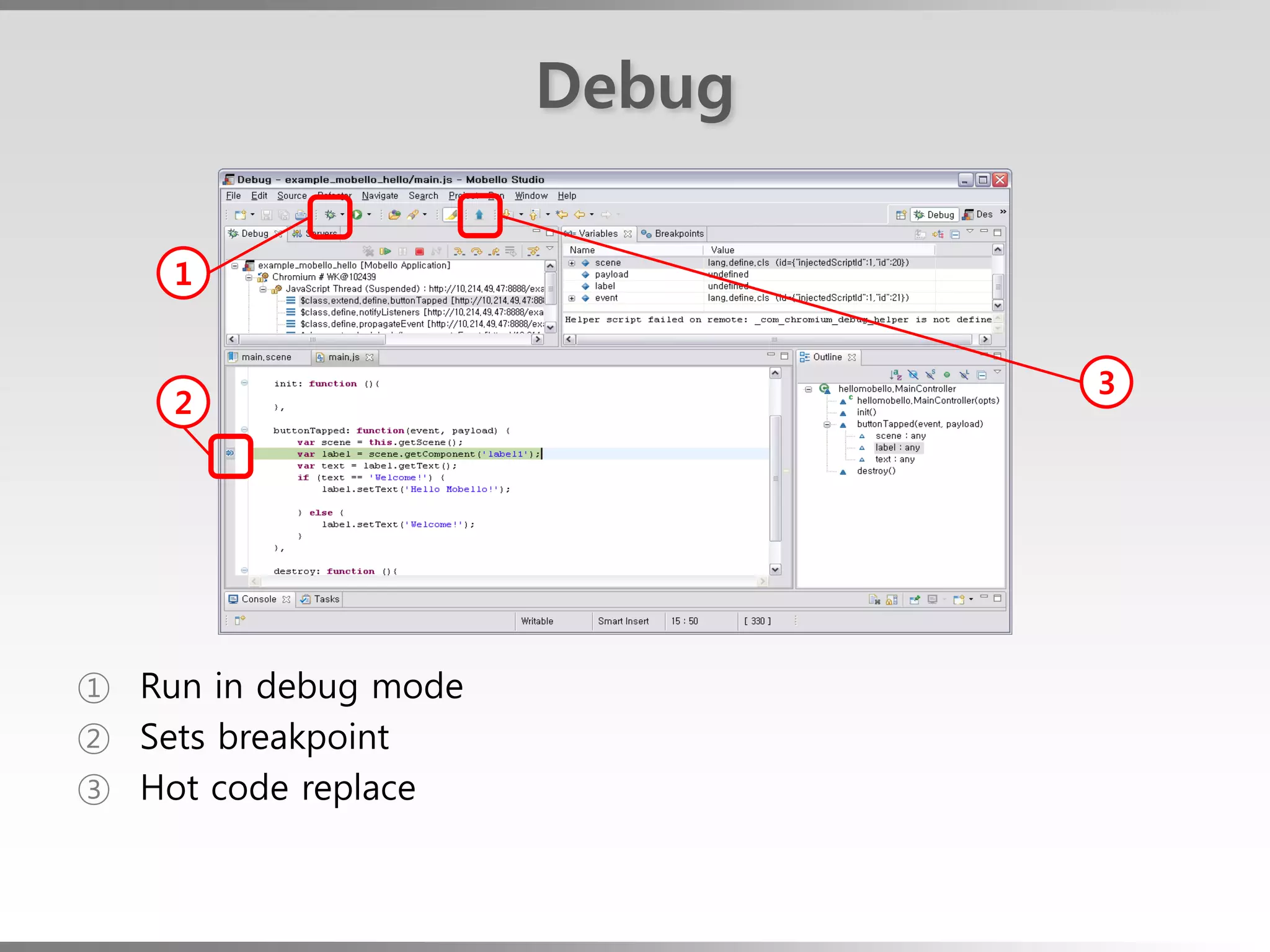 Debug

    1


                              3
    2




① Run in debug mode
② Sets breakpoint
③ Hot code replace
 