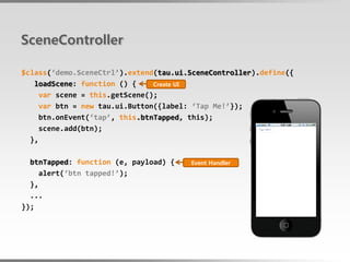 SceneController

$class(‘demo.SceneCtrl’).extend(tau.ui.SceneController).define({
   loadScene: function () {    Create UI
    var scene = this.getScene();
    var btn = new tau.ui.Button({label: ‘Tap Me!’});
    btn.onEvent(‘tap’, this.btnTapped, this);
    scene.add(btn);
  },

  btnTapped: function (e, payload) {   Event Handler
     alert(‘btn tapped!’);
  },
  ...
});
 