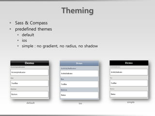 Theming
 Sass & Compass
 predefined themes
    default
    ios
    simple : no gradient, no radius, no shadow




        default                                   simple
                                    ios
 