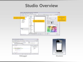 Studio Overview

                                          Attributes
Project explorer
                                               &
                                          QuickStyler
                       Scene Designer




        Debugger                        Emulator
 