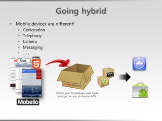 Going hybrid
 Mobile devices are different!
      Geolocation
      Telephony
      Camera
      Messaging
      ...




                      allows you to package web apps
                        and get access to device APIs
 
