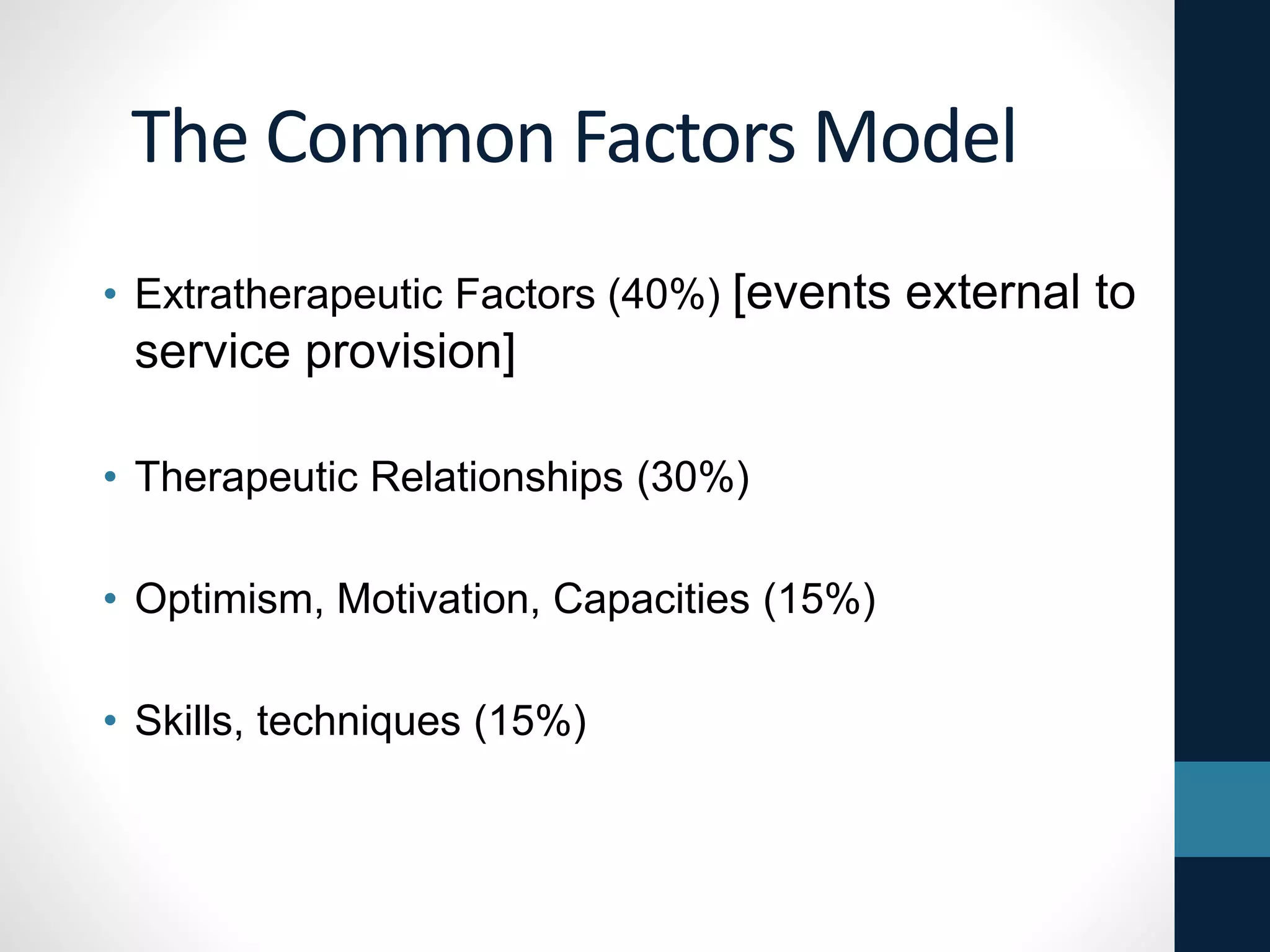 Four Cornerstones of EBP 
• Research & Theory 
• Clinical Expertise 
• Client/Service User Experiences, 
Preferences, Wants, Values 
• Practitioner Use of Self: Reflective 
Practice, Values, Personal Experience 
 