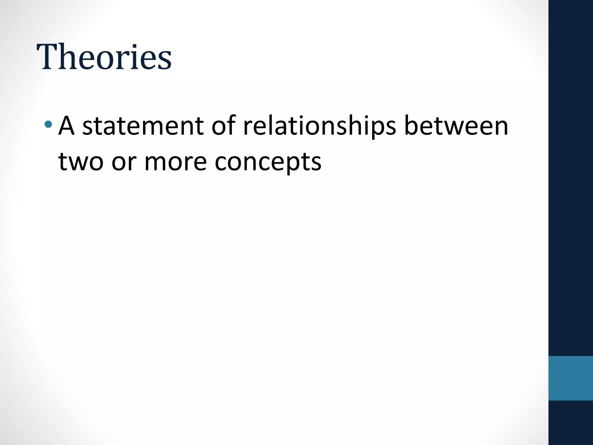 Theories 
• A statement of relationships between 
two or more concepts 
 
