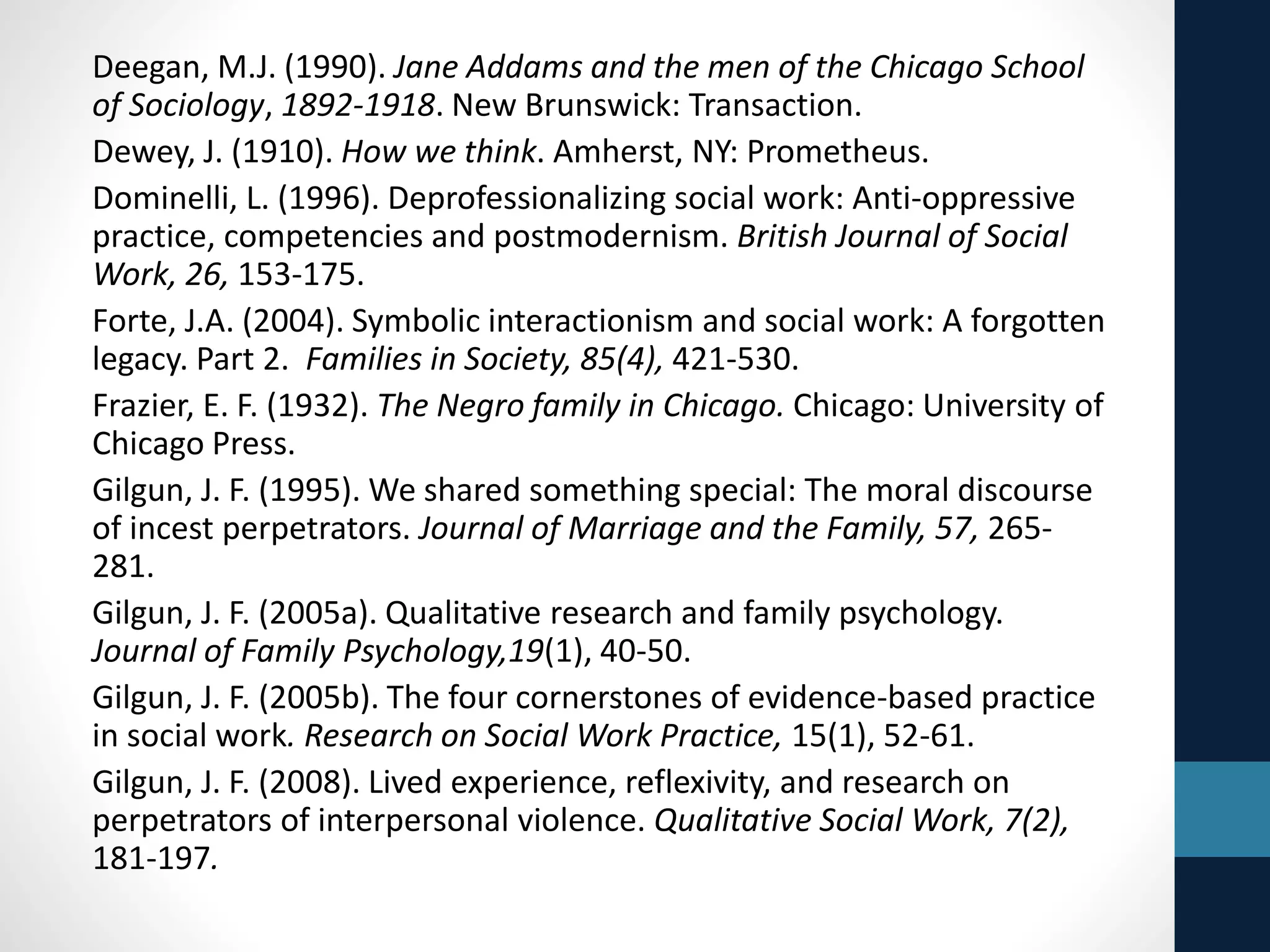 Corbin, J. and Straus, A. (2008). Basics of qualitative 
research (3rd ed.). Thousand Oaks, CA: Sage. 
Cressey, D. (1953). Other people's money. Belmont, CA: 
Wadsworth. 
D’Cruz, H.,Gillingham, P. and Melendez, S. (2007). 
Reflexivity, its meanings and relevance for social work: A 
critical review of the literature. British Journal of Social 
Work, 37(1), 73-90. 
Denzin, N.K. (1997). Coffee with Anselm. Qualitative Family 
Research, 11(1&2), 1-4. 
http://www.scribd.com/doc/27352636/Coffee-with- 
Anselm Downloaded 4 February 2014. 
Denzin, Norman K. (2010). Grounded and indigenous 
theories and the politics of pragmatism. Sociological 
Inquiry, 80(2), 286-312. 
 
