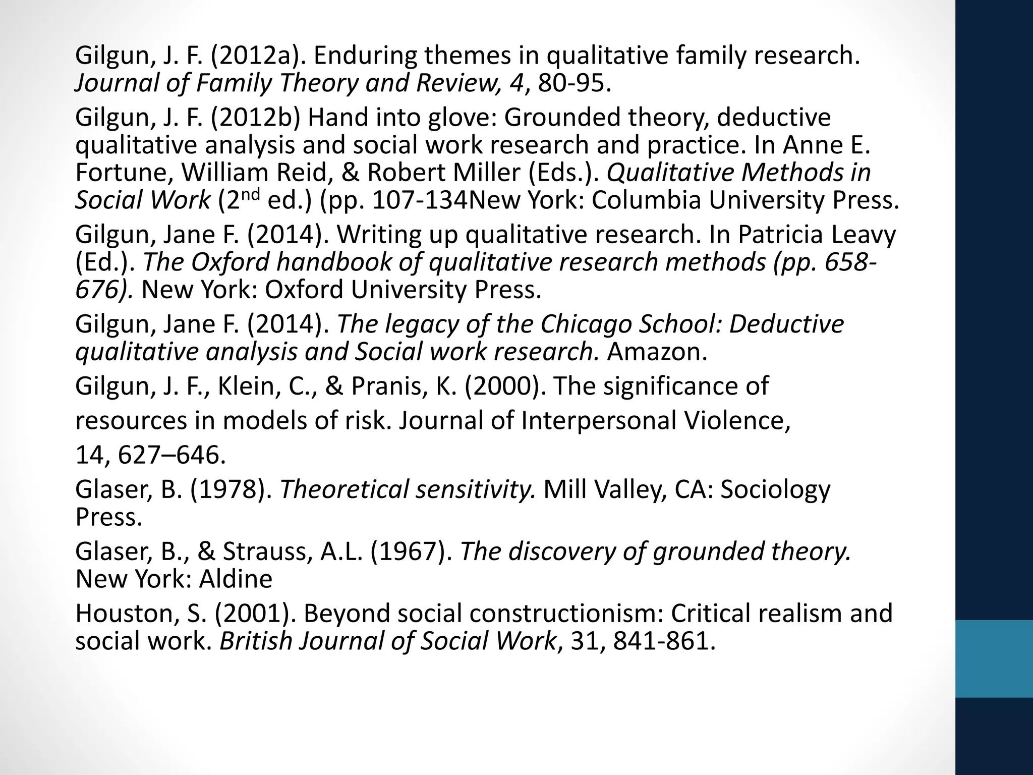Deegan, M.J. (1990). Jane Addams and the men of the Chicago School 
of Sociology, 1892-1918. New Brunswick: Transaction. 
Dewey, J. (1910). How we think. Amherst, NY: Prometheus. 
Dominelli, L. (1996). Deprofessionalizing social work: Anti-oppressive 
practice, competencies and postmodernism. British Journal of Social 
Work, 26, 153-175. 
Forte, J.A. (2004). Symbolic interactionism and social work: A forgotten 
legacy. Part 2. Families in Society, 85(4), 421-530. 
Frazier, E. F. (1932). The Negro family in Chicago. Chicago: University of 
Chicago Press. 
Gilgun, J. F. (1995). We shared something special: The moral discourse 
of incest perpetrators. Journal of Marriage and the Family, 57, 265- 
281. 
Gilgun, J. F. (2005a). Qualitative research and family psychology. 
Journal of Family Psychology,19(1), 40-50. 
Gilgun, J. F. (2005b). The four cornerstones of evidence-based practice 
in social work. Research on Social Work Practice, 15(1), 52-61. 
Gilgun, J. F. (2008). Lived experience, reflexivity, and research on 
perpetrators of interpersonal violence. Qualitative Social Work, 7(2), 
181-197. 
 