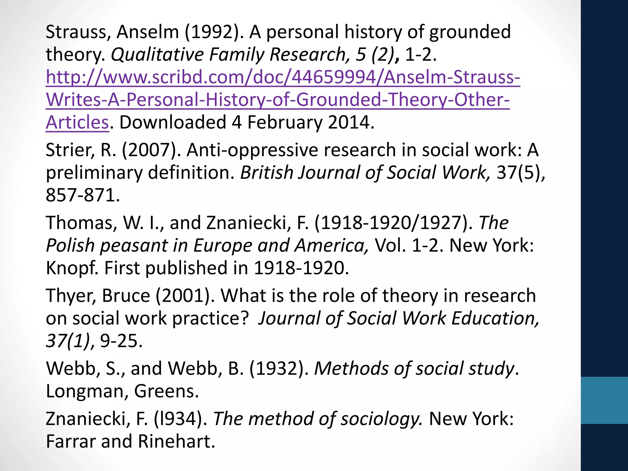 Lambert, M. (1992). Implications of outcome research for psychotherapy 
integration. In J. Norcross & J. Goldstein (Eds.), Handbook of 
psychotherapy integration (pp. 94-129) NY: Basic. 
Lindesmith, A. R. (l947). Opiate addiction. Bloomington, IN: Principia. 
Longhofer, J., and Floersch, J. (2012). The coming crisis in social work: 
Some thoughts on social work and science. Research on Social Work 
Practice, 22(5), 499-519. 
Maxell, Joseph A. (2004). Using qualitative methods for causal 
explanation. Field Methods (16), 243-264, 
Olesen, V., Droes, N., Hatton, D., Chico, N. and Schatzman, L. (1994). 
In A. Bryman and R. G. Burgess (Eds.) Analyzing qualitative data (pp. 
111-128). London: Routledge. 
Oliver, C. (2012). Critical realist grounded theory: A new approach for 
social work research. British Journal of Social Work, 42, 371-387. 
Patton, Michael Q. (2011). Developmental evaluation. New York: 
Guilford. 
Popper, K. R. (1969). Conjectures and refutations: The growth of 
scientific knowledge. London: Routledge and Kegan Paul. 
Rothman, Jack & & Edwin J. Thomas (Eds.). Intervention research: Design and 
development for Human services. New York: Haworth. 
Strauss, A. L. (1987). Qualitative analysis for social scientists. New York: 
Cambridge University Press. 
 