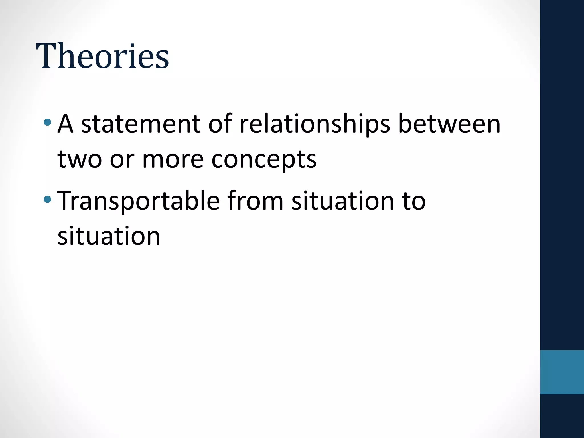 Theories 
• A statement of relationships between 
two or more concepts 
• Transportable from situation to 
situation 
 