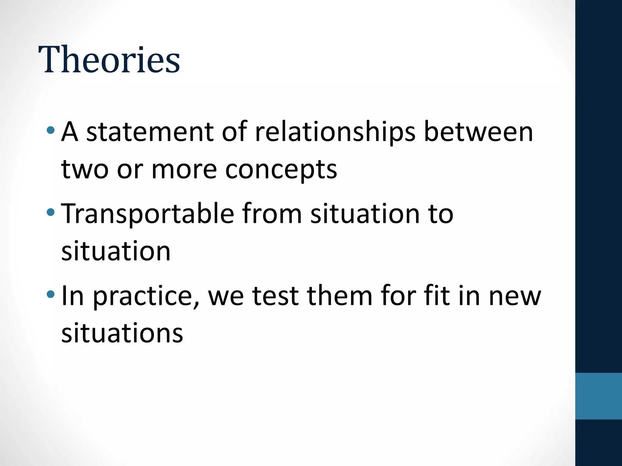 Theories 
• A statement of relationships between 
two or more concepts 
• Transportable from situation to 
situation 
• In practice, we test them for fit in new 
situations 
 