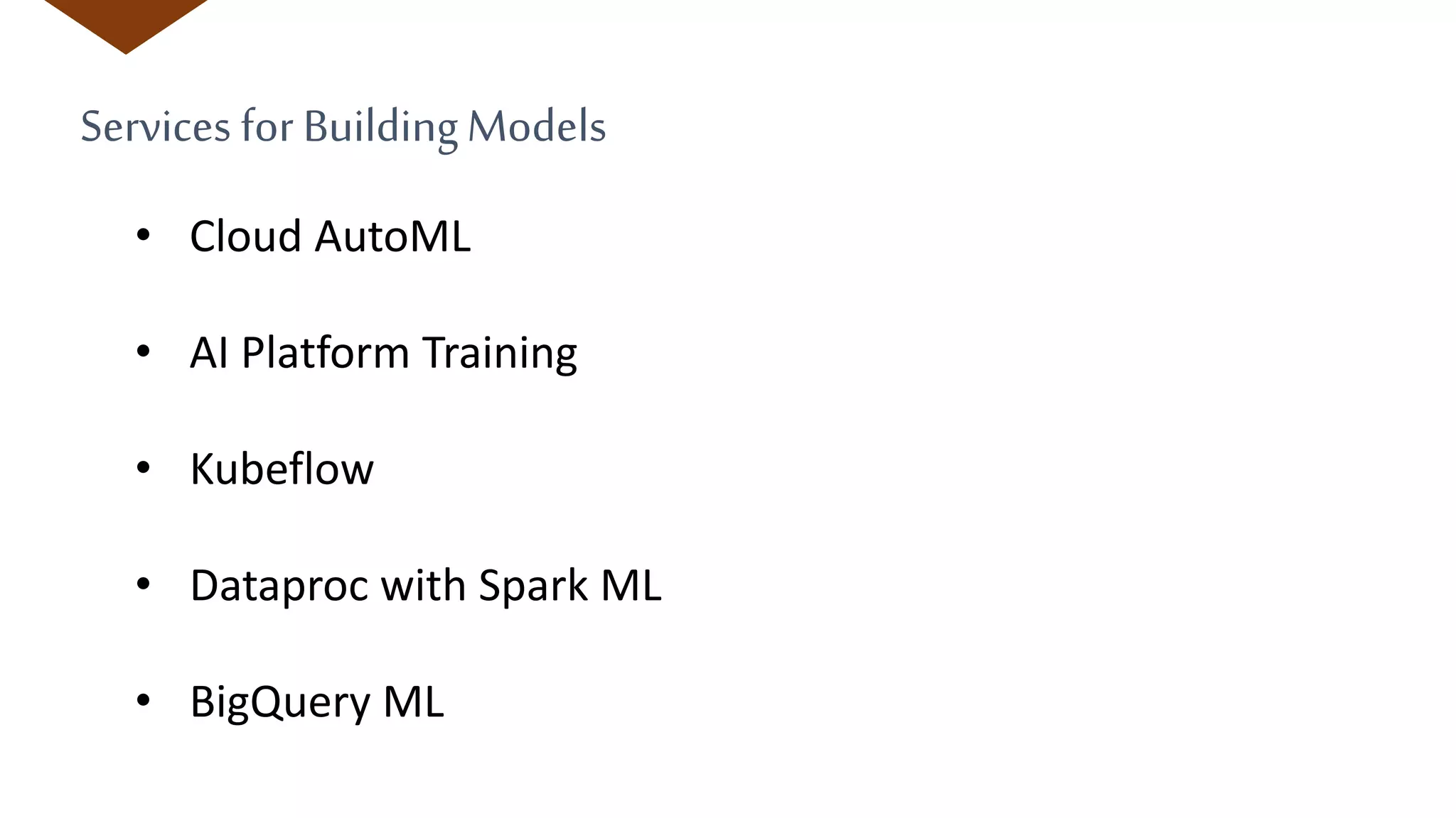 Services for BuildingModels
• Cloud AutoML
• AI Platform Training
• Kubeflow
• Dataproc with Spark ML
• BigQuery ML
 
