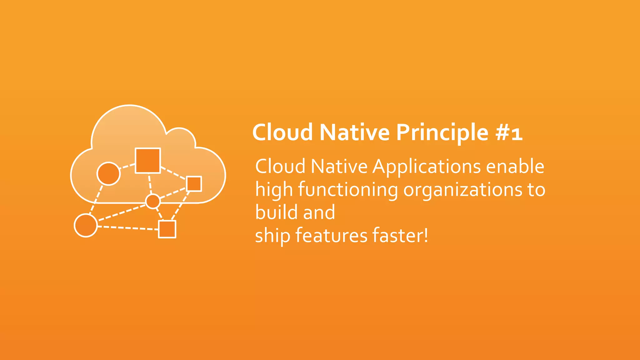 Cloud Native Principle #1
Cloud Native Applications enable
high functioning organizations to
build and
ship features faster!
 