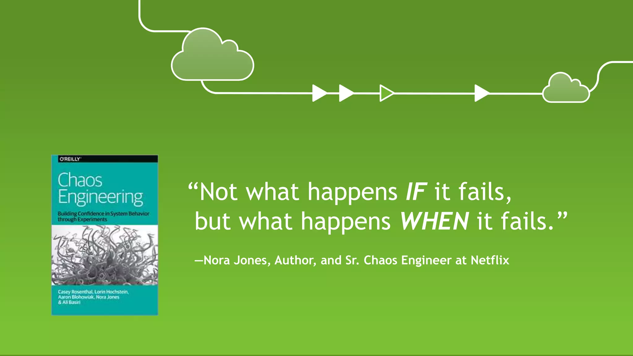 “Not what happens IF it fails,
but what happens WHEN it fails.”
—Nora Jones, Author, and Sr. Chaos Engineer at Netflix
 