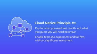 Cloud Native Principle #2
Pay for what you used last month, not what
you guess you will need next year.
Enable teams to experiment and fail fast,
without significant investment.
 