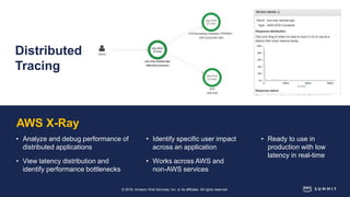 © 2018, Amazon Web Services, Inc. or its affiliates. All rights reserved.
Distributed
Tracing
• Analyze and debug performance of
distributed applications
• View latency distribution and
identify performance bottlenecks
• Ready to use in
production with low
latency in real-time
AWS X-Ray
• Identify specific user impact
across an application
• Works across AWS and
non-AWS services
 