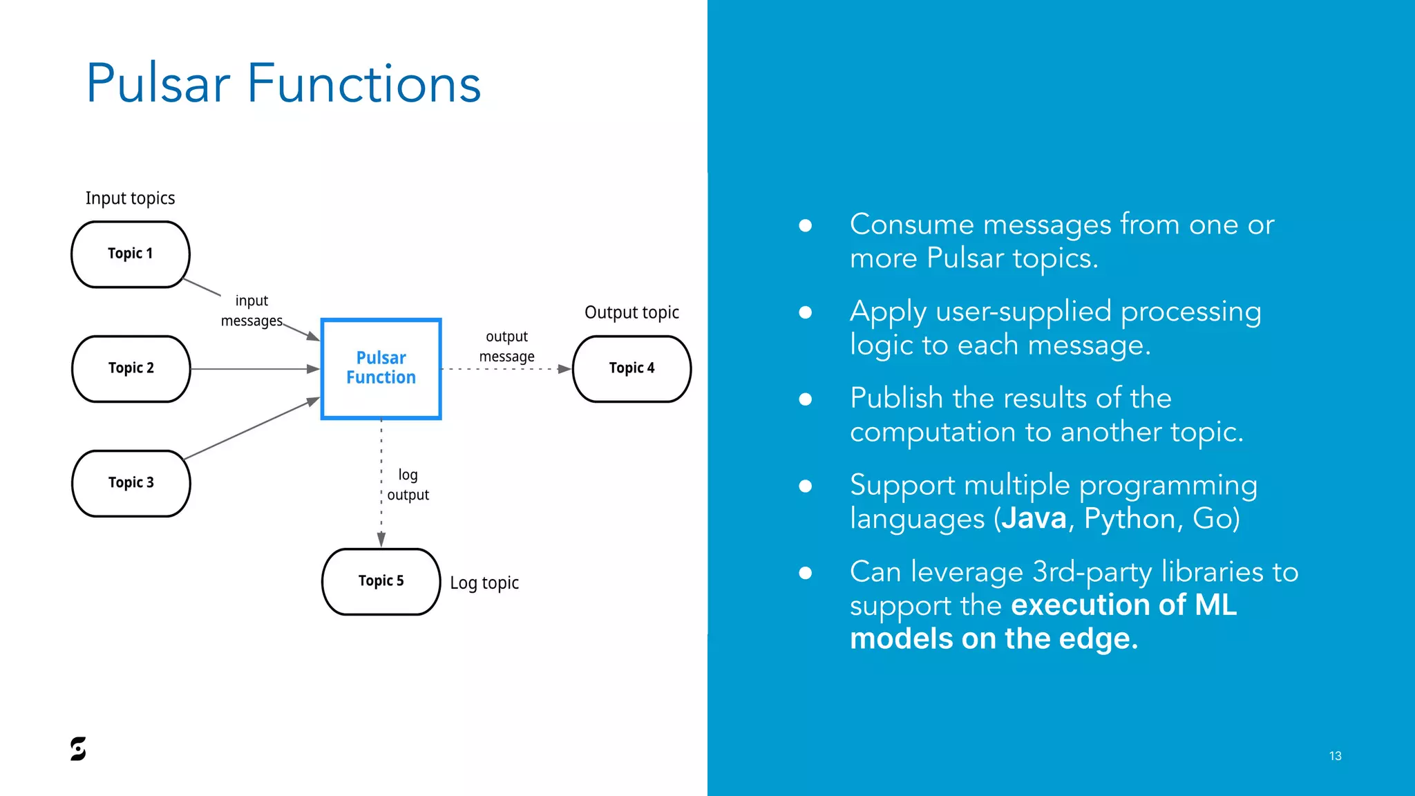 13 Pulsar Functions ● Consume messages from one or more Pulsar topics. ● Apply user-supplied processing logic to each message. ● Publish the results of the computation to another topic. ● Support multiple programming languages (Java, Python, Go) ● Can leverage 3rd-party libraries to support the execution of ML models on the edge. 