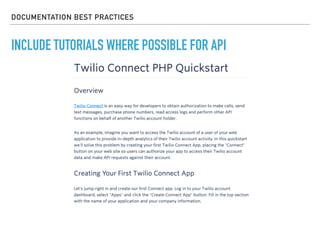 DOCUMENTATION BEST PRACTICES
INCLUDE TUTORIALS WHERE POSSIBLE FOR API
 