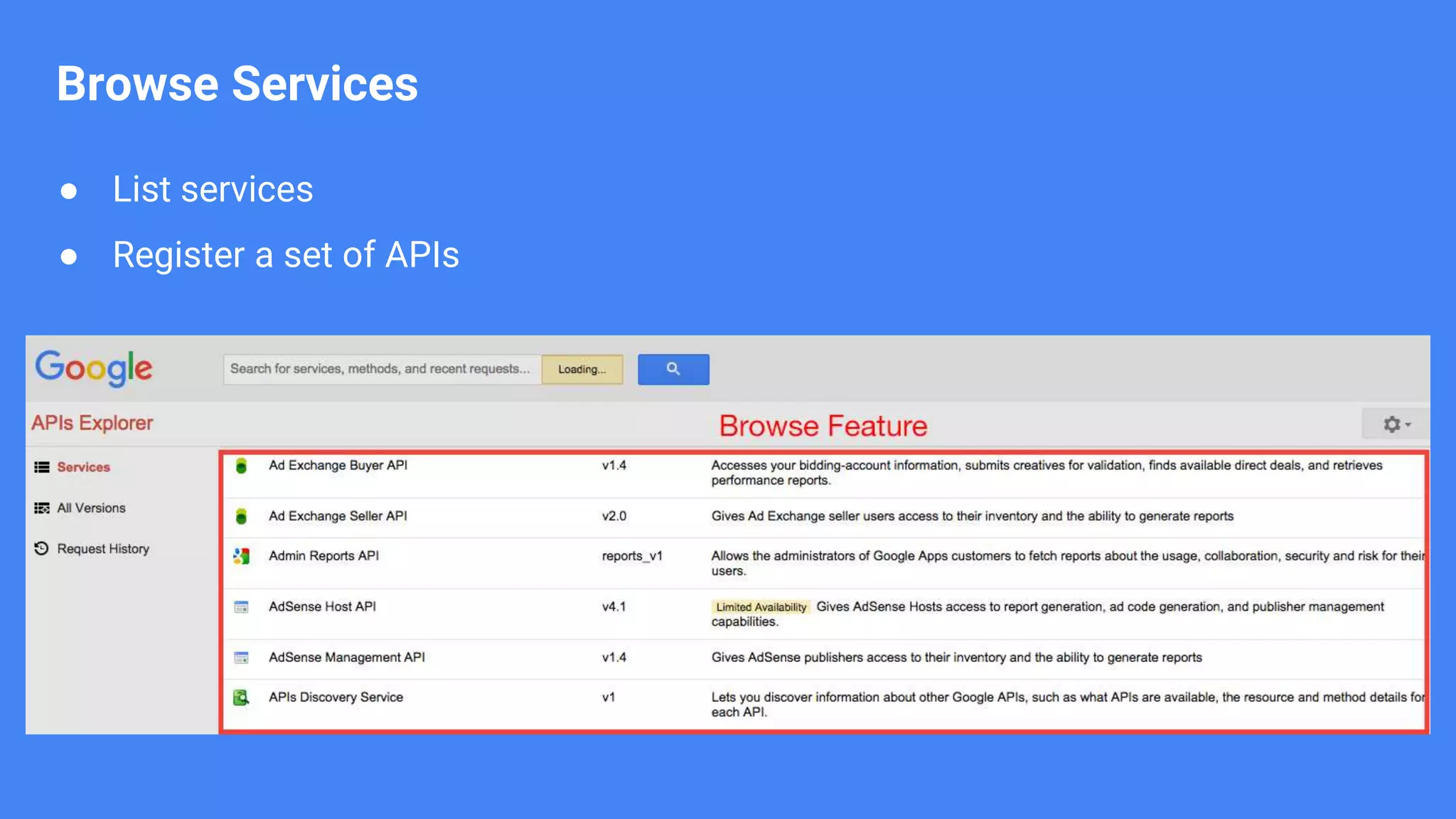 ● List services ● Register a set of APIs Browse Services 