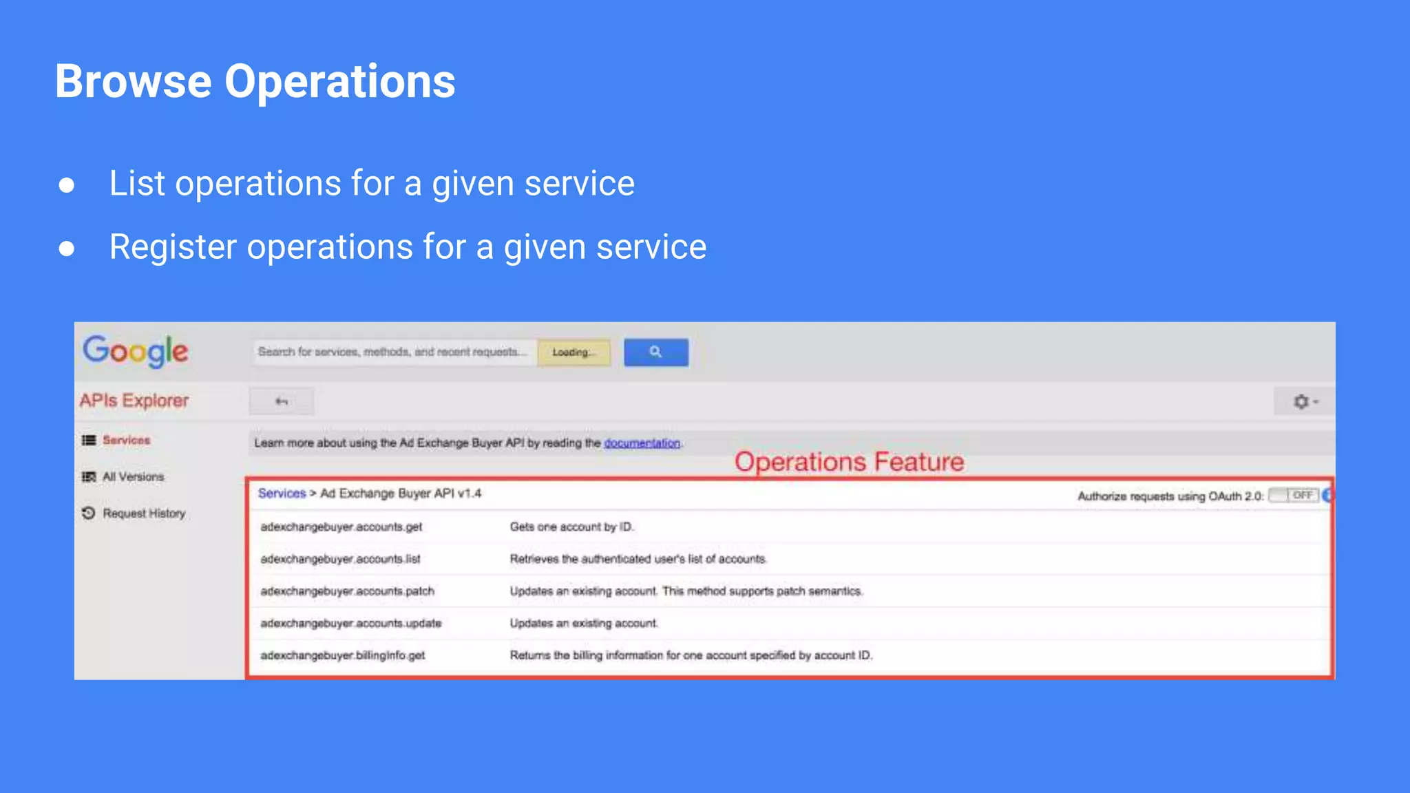 ● List operations for a given service ● Register operations for a given service Browse Operations 