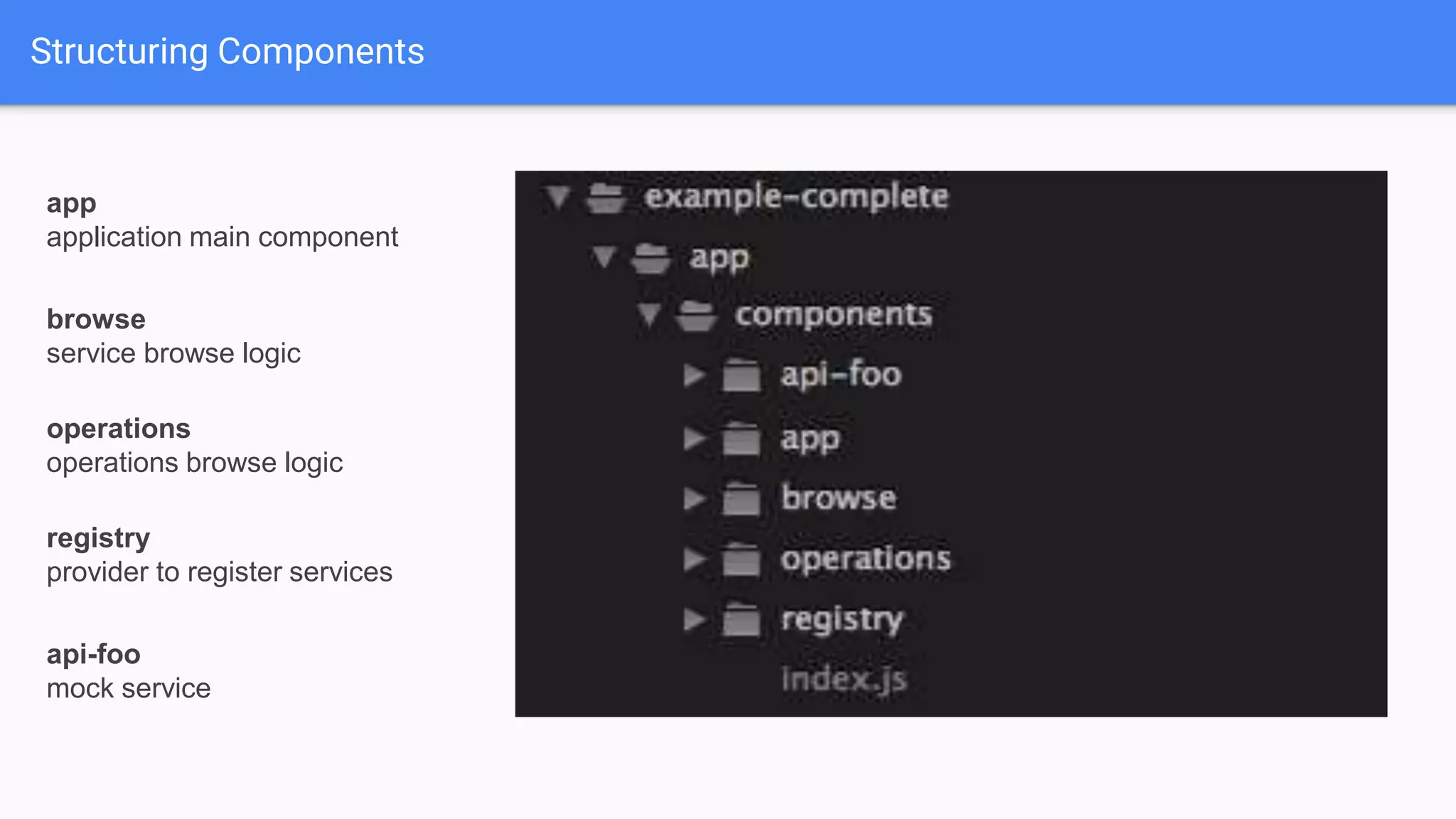 Structuring Components app application main component browse service browse logic operations operations browse logic registry provider to register services api-foo mock service 